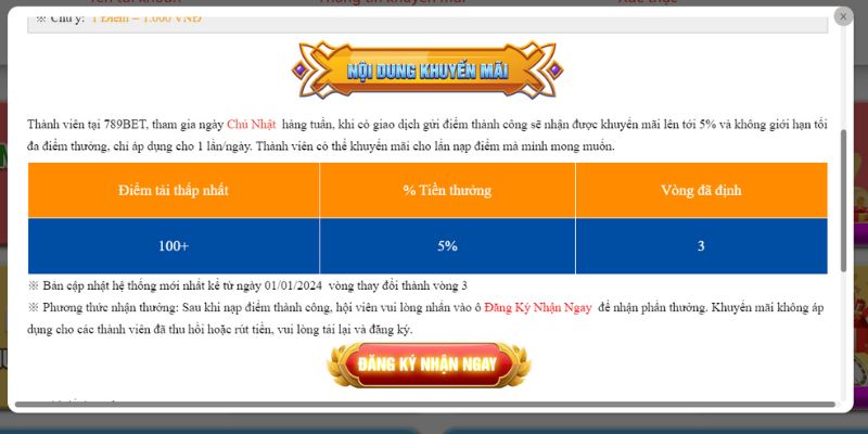 Chủ Nhật Tặng Thưởng - Khuyến Mãi Khủng Tại 789Bet Nội dung khuyến mãi chính